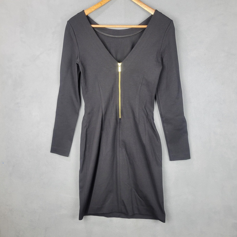 Banana Republic Dress Womens 2 Black Long Sleeve Ponte Sheath V Back Gold Zip - Picture 4 of 9